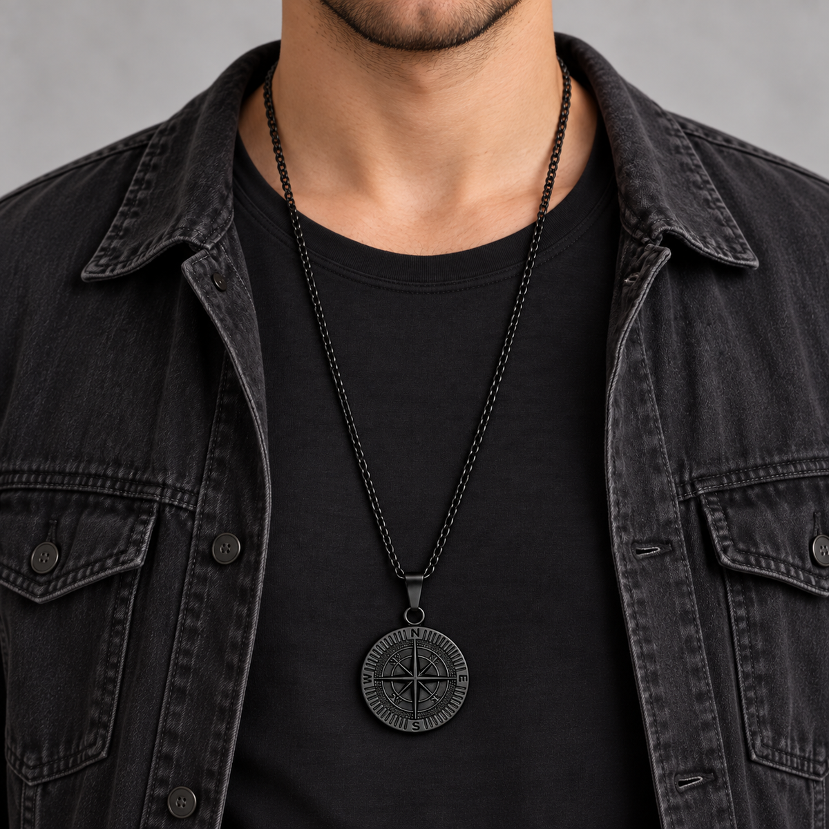 Black Compass Pendant Necklace