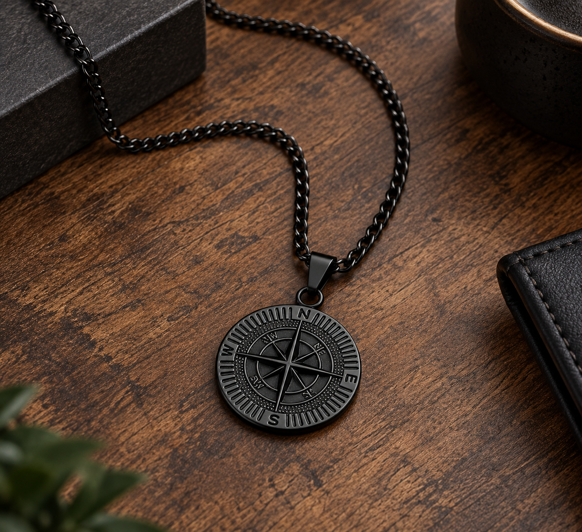 Black Compass Pendant Necklace