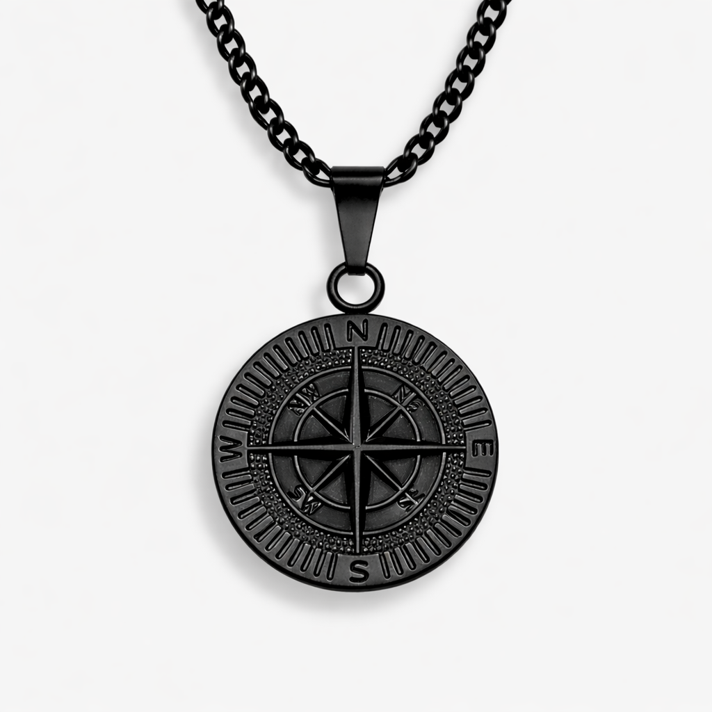 Black Compass Pendant Necklace