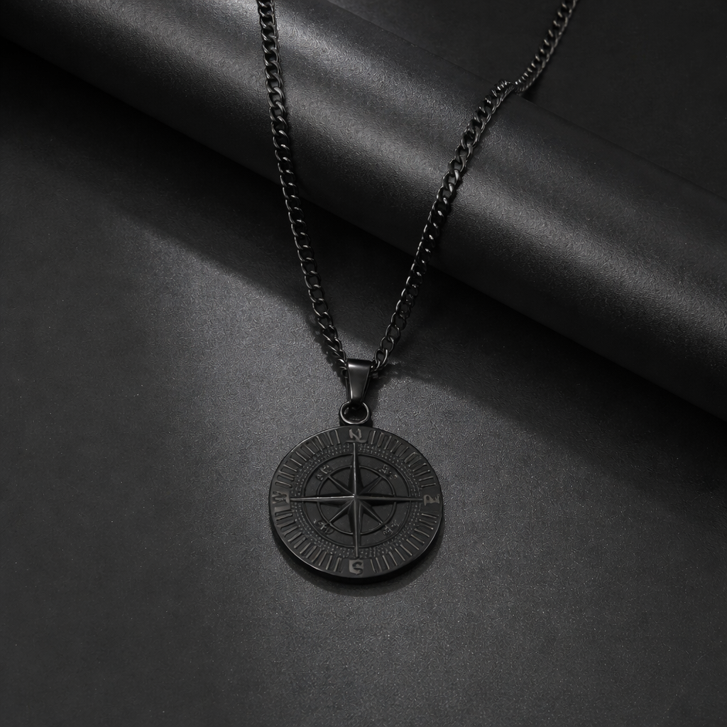 Black Compass Pendant Necklace