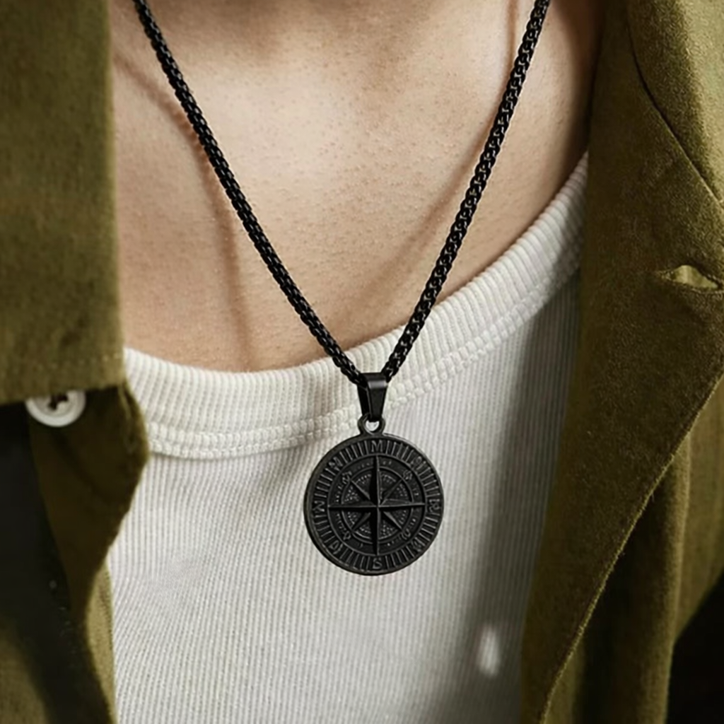 Black Compass Pendant Necklace