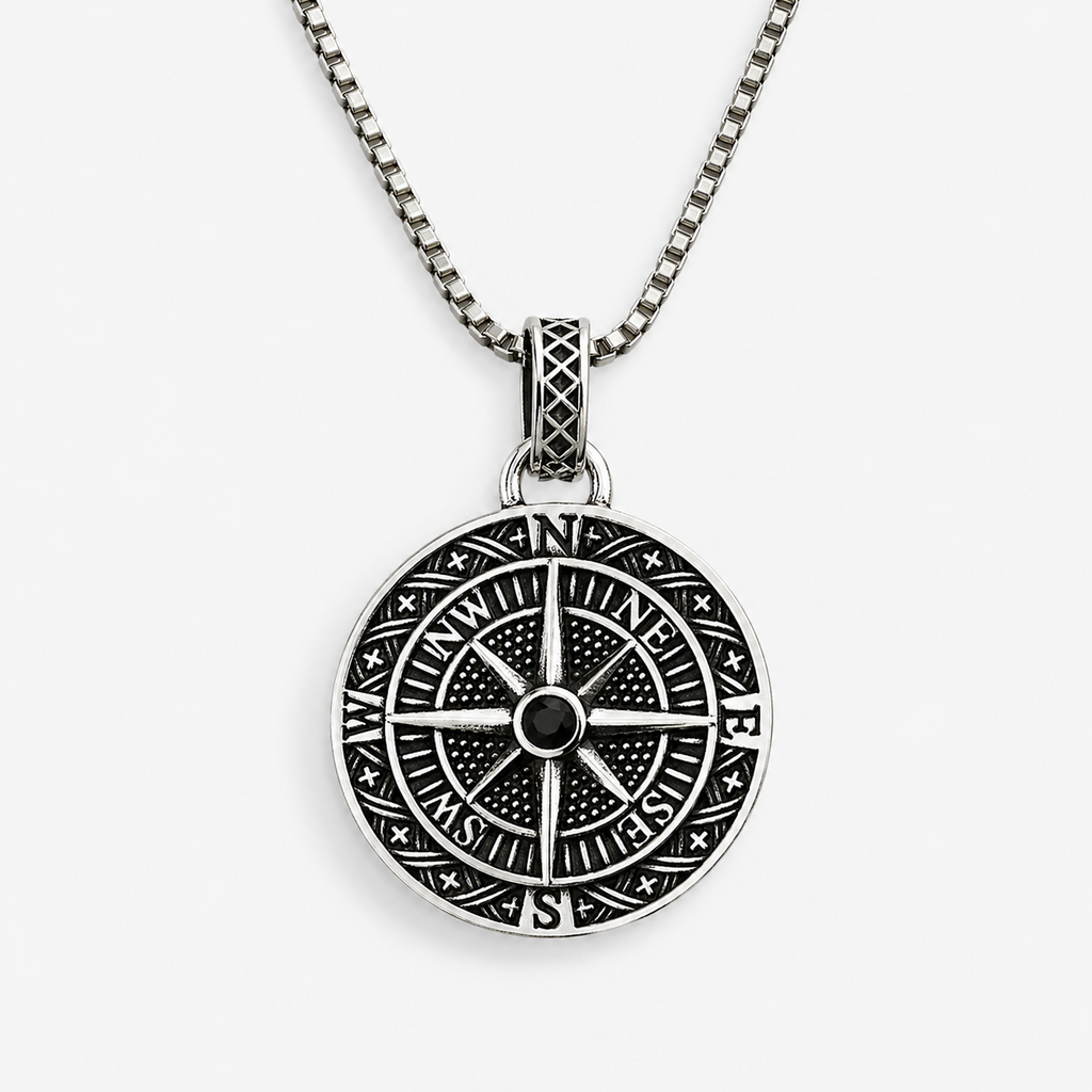 Shadow Silver Compass Pendant Necklace