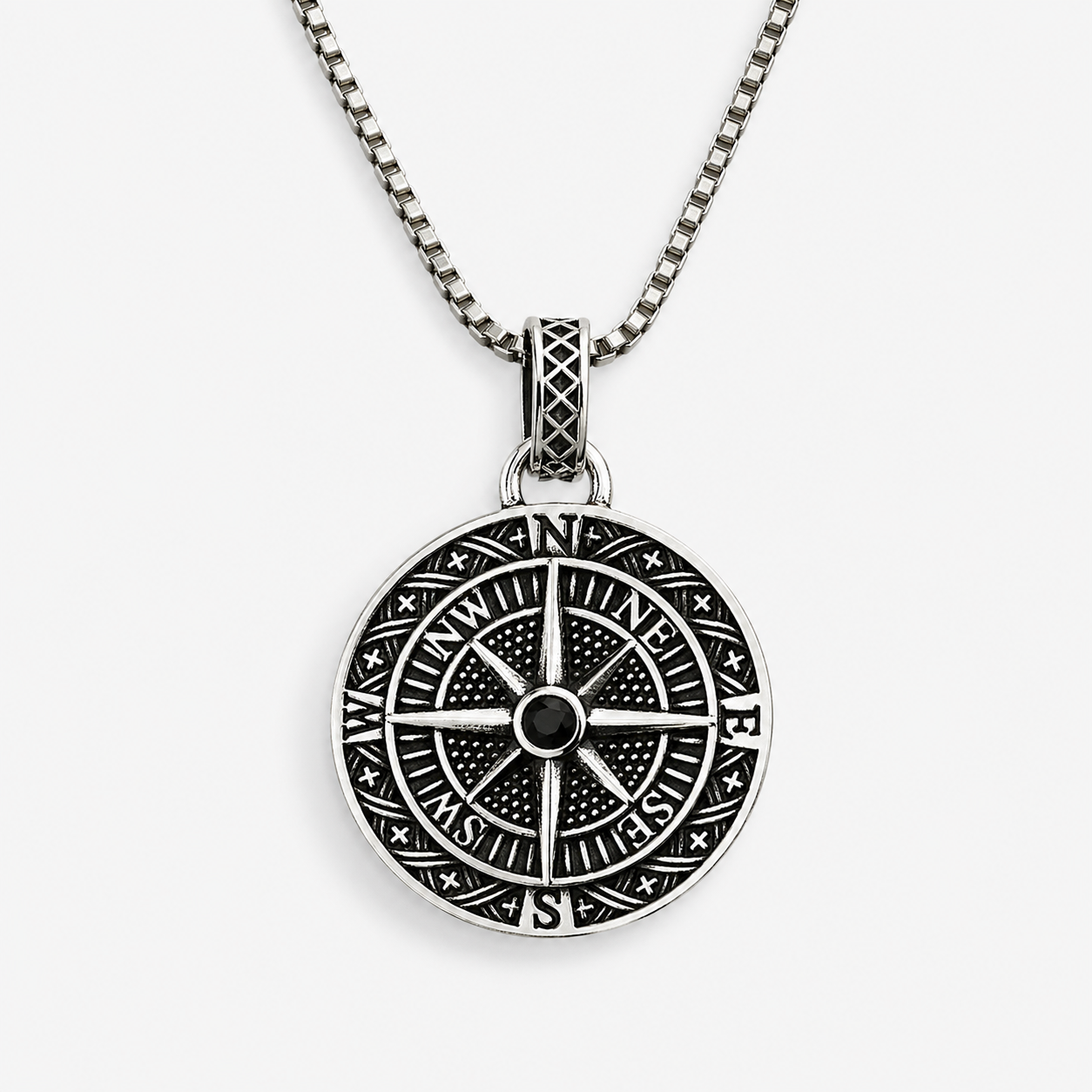 Shadow Silver Compass Pendant Necklace