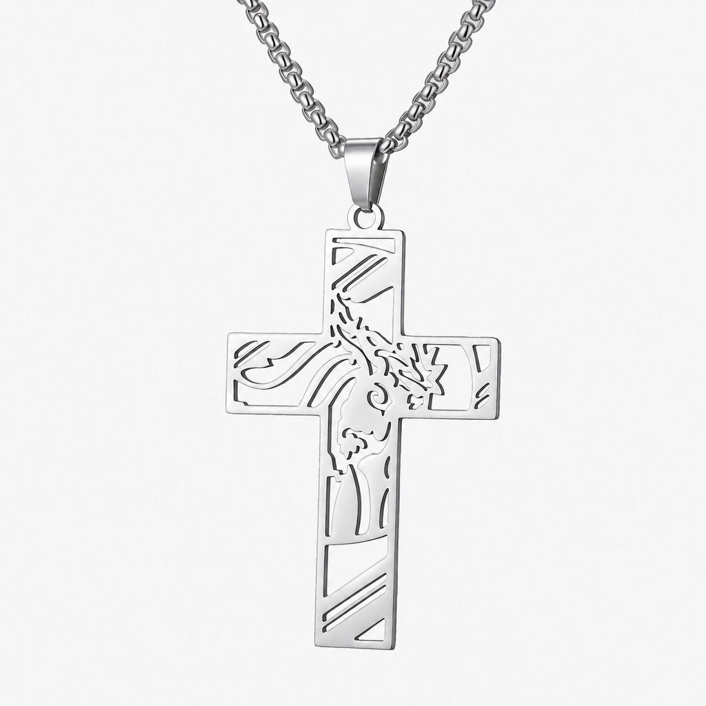 Silver Jesus Cross Pendant Necklace