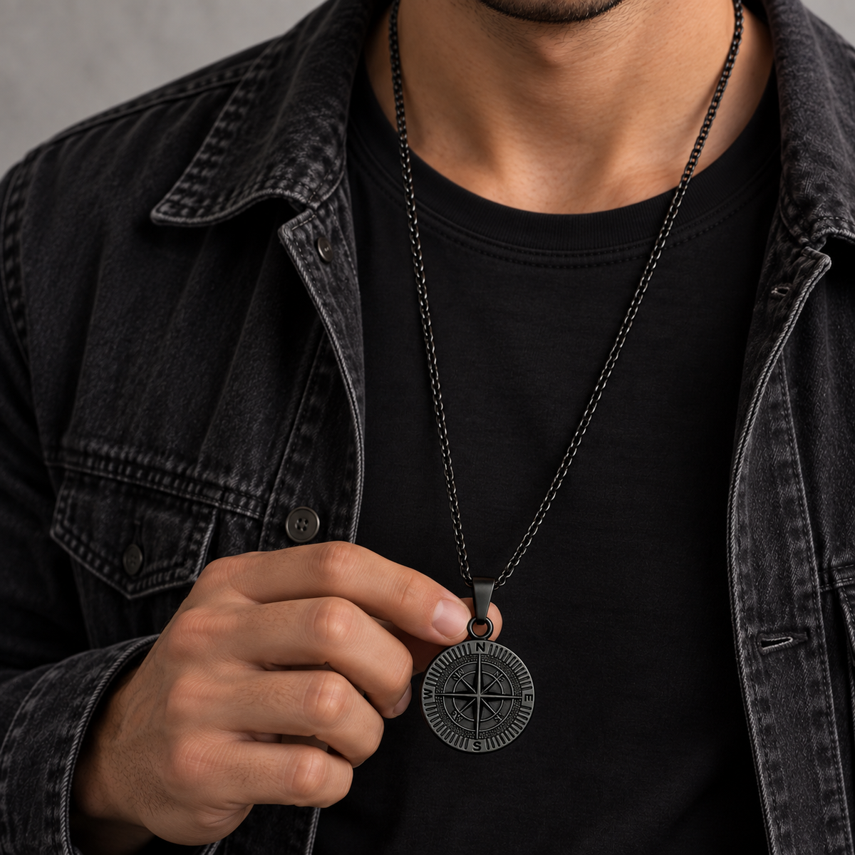 Black Compass Pendant Necklace