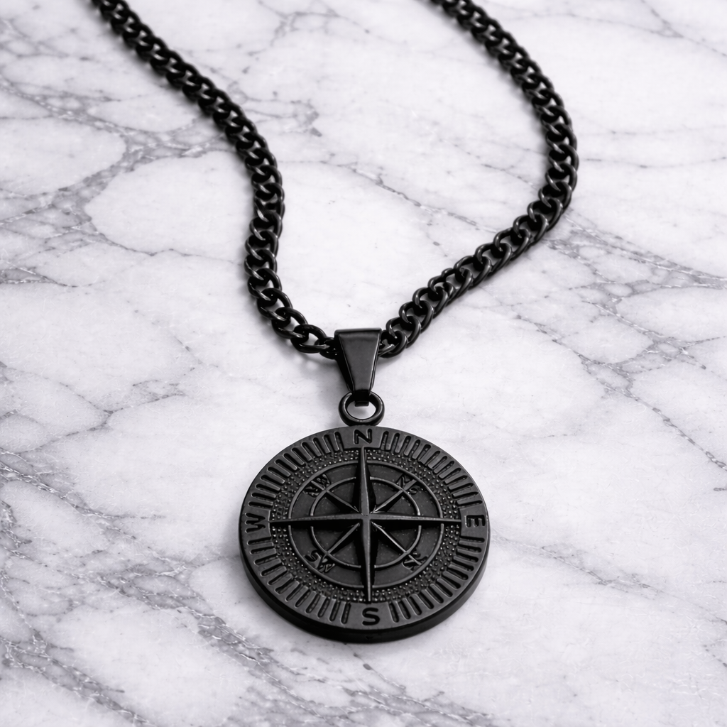 Black Compass Pendant Necklace