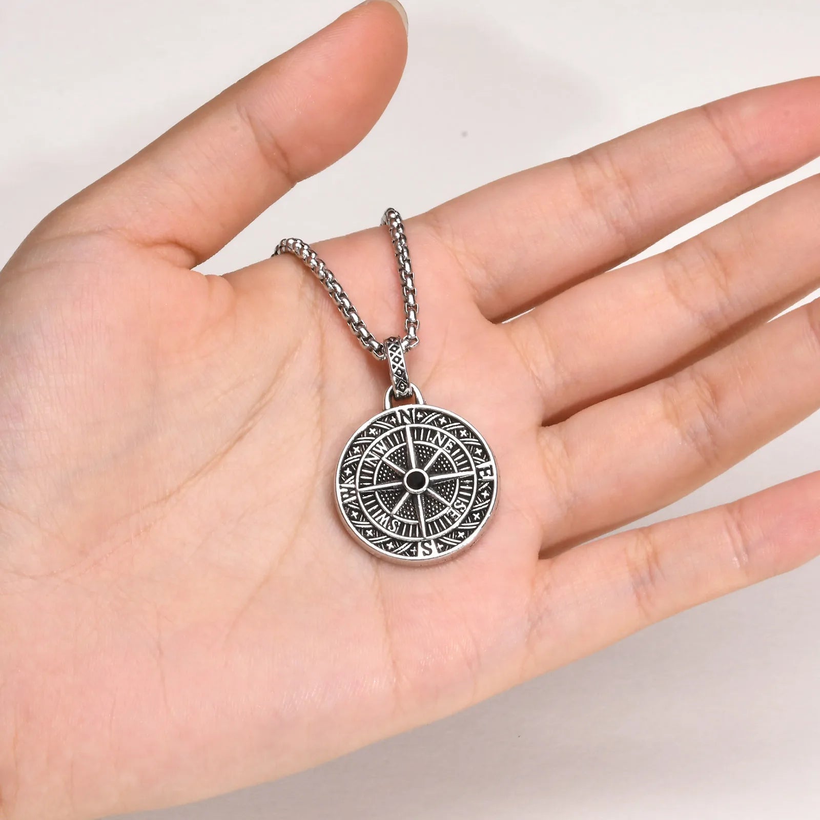 Shadow Silver Compass Pendant Necklace
