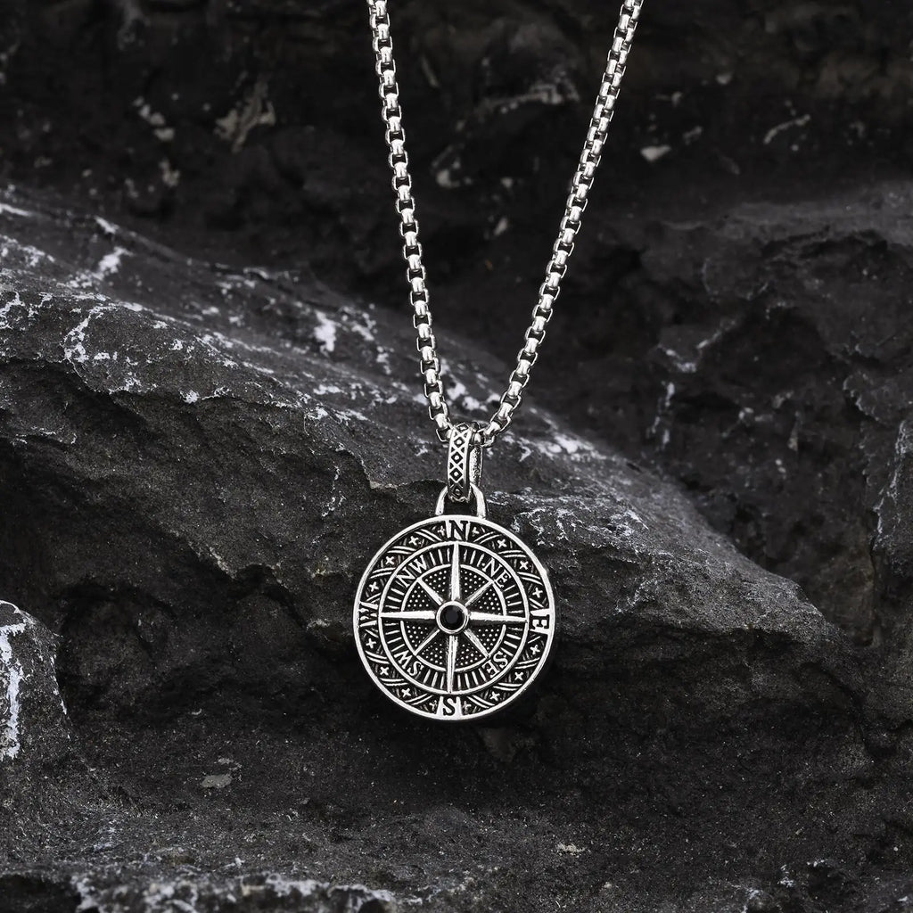 Shadow Silver Compass Pendant Necklace