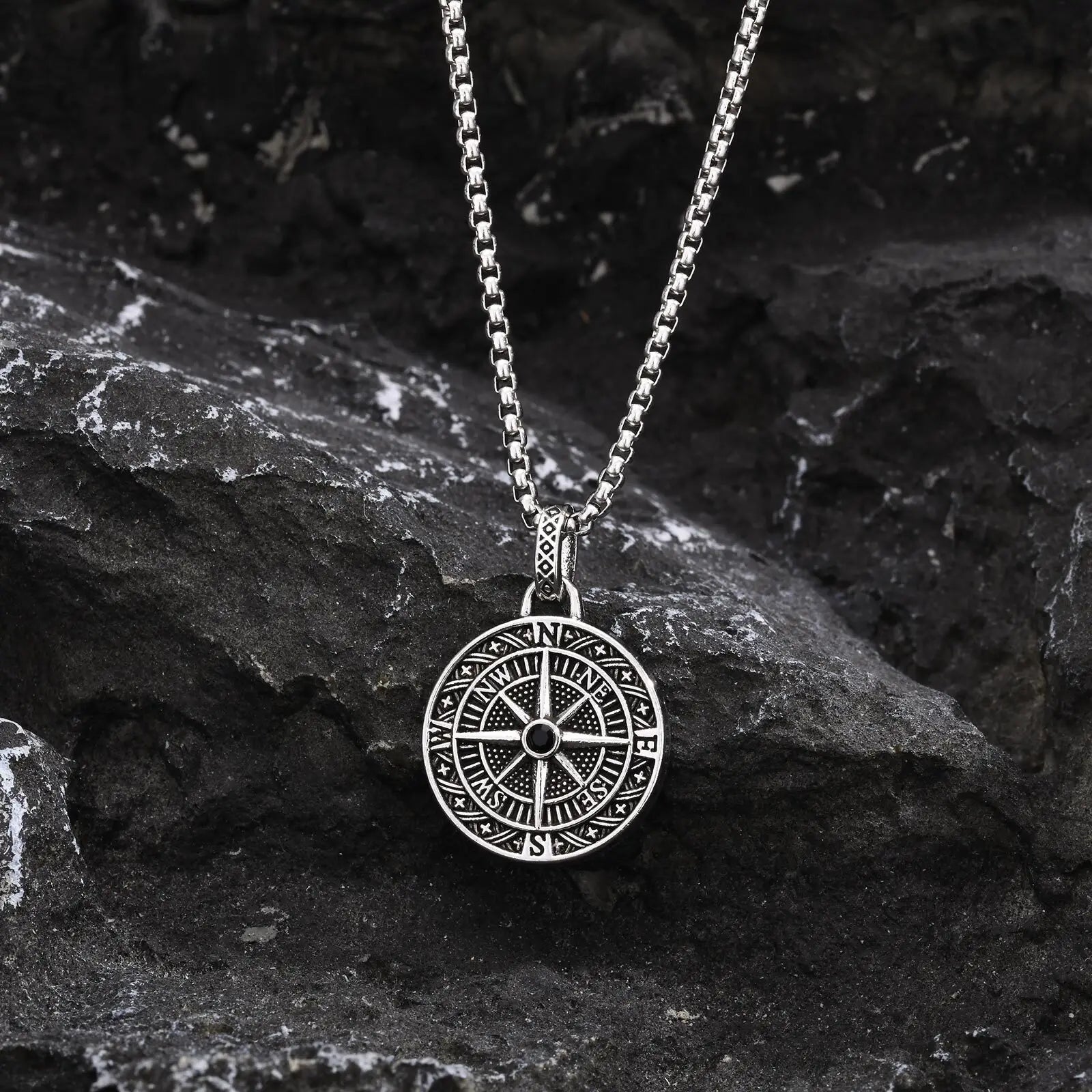 Shadow Silver Compass Pendant Necklace