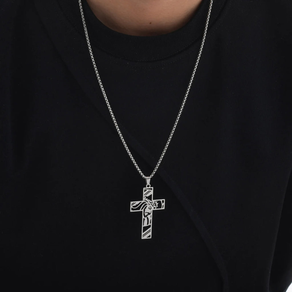 Silver Jesus Cross Pendant Necklace